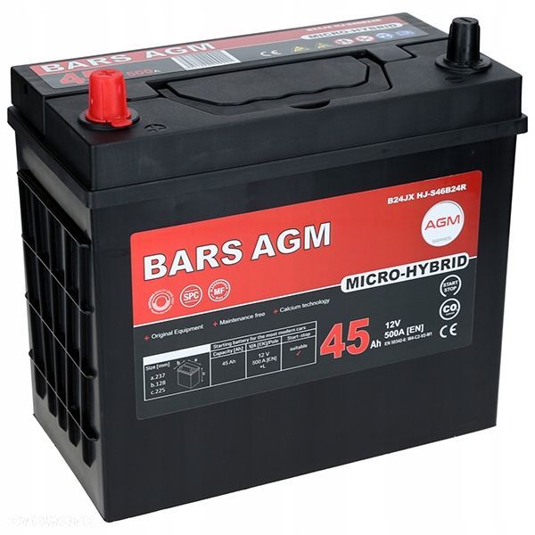 Akumulator Bars HYBRID AGM 45AhL 500A B24JX HJ-S46B24R Start-Stop - 13,6kg - 1