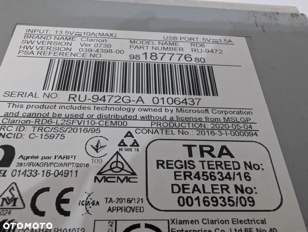 CITROEN BERLINGO IV PARTNER IV RADIO CZYTNIK WYŚWIETLACZ 98350483ZD 9818777680 - 8