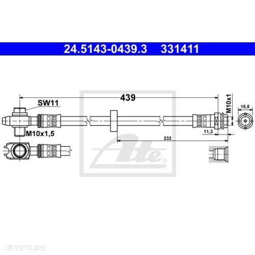 Furtun frana Audi A3 (8l1); Seat Leon (1m1), Toledo 2 (1m2); Skoda Octavia 1 (1u2); Vw Bora (1j2), Golf 4 (1j1), New Beetle (9c), Polo (6n1/ 6n2) Ate 24514304393, parte montare : punte fata - 1