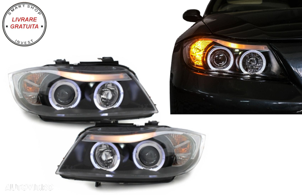 Faruri BMW Seria 3 E90 Sedan E91 Touring (03.2005-08.2008) Angel Eyes Negru- livrare gratuita