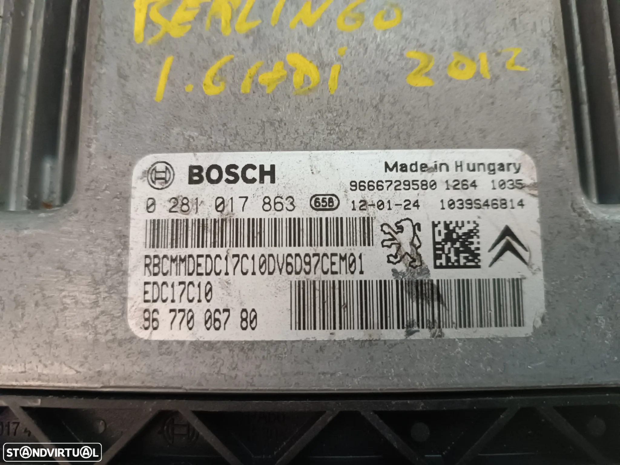 CENTRALINA DO MOTOR CITROEN BERLINGO B9 / PEUGEOT PARTNER 1.6HDI 0281017863 9677006780 EDC17C10 - 2