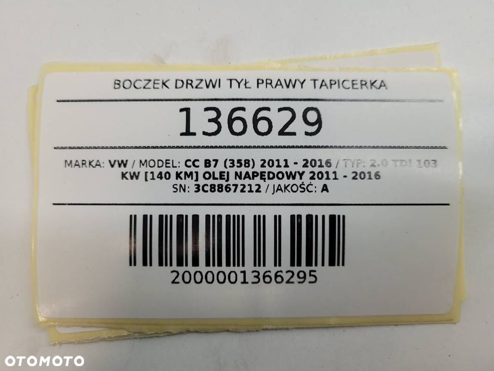 BOCZEK DRZWI TYŁ PRAWY TAPICERKA VW PASSAT CC B7 3C8867212 - 10