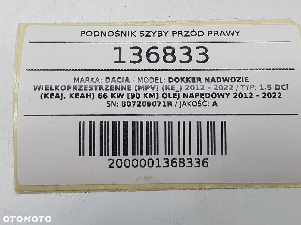 PODNOŚNIK SZYBY PRZÓD PRAWY DACIA DOKKER 807209071R EUROPA - 5