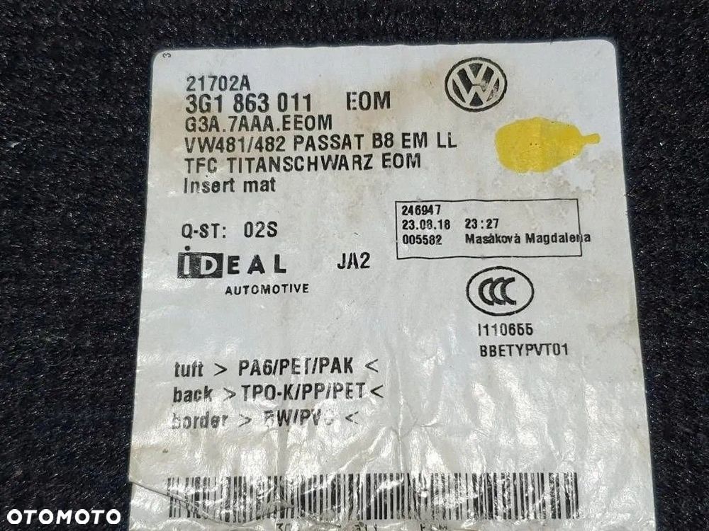 VW PASSAT B8 2019 Arteon Dywaniki welurowe komplet oryginał 3G1863011 - 9
