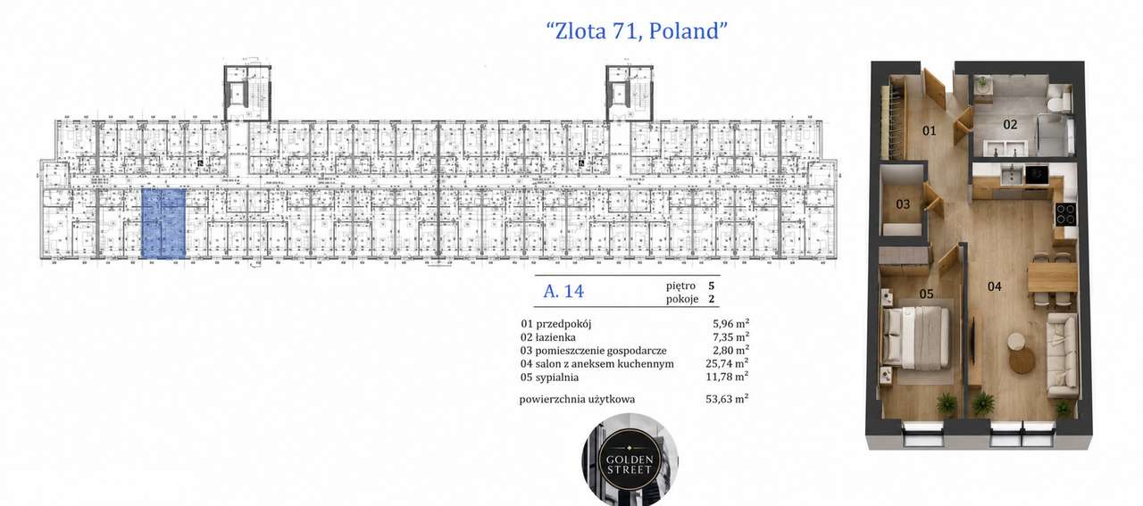 Mieszkanie A.5.14 | 53,63 m² | 2 pokoje | 5. piętro | Złota 71 - Pełny obrazek: 3/11