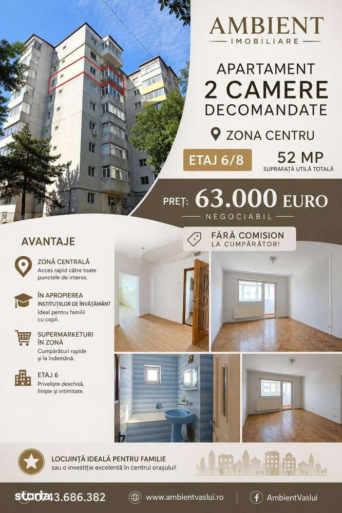 Apartament cu 2 camere, etaj 6 cu lift, VASLUI - zona CENTRU - AUROCOR — fotografia 1