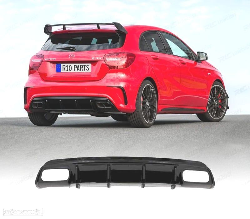 DIFUSOR TRASEIRO MERCEDES CLASE A W176 AMG 12-18 LOOK A45 PRETO BRILHANTE - 1