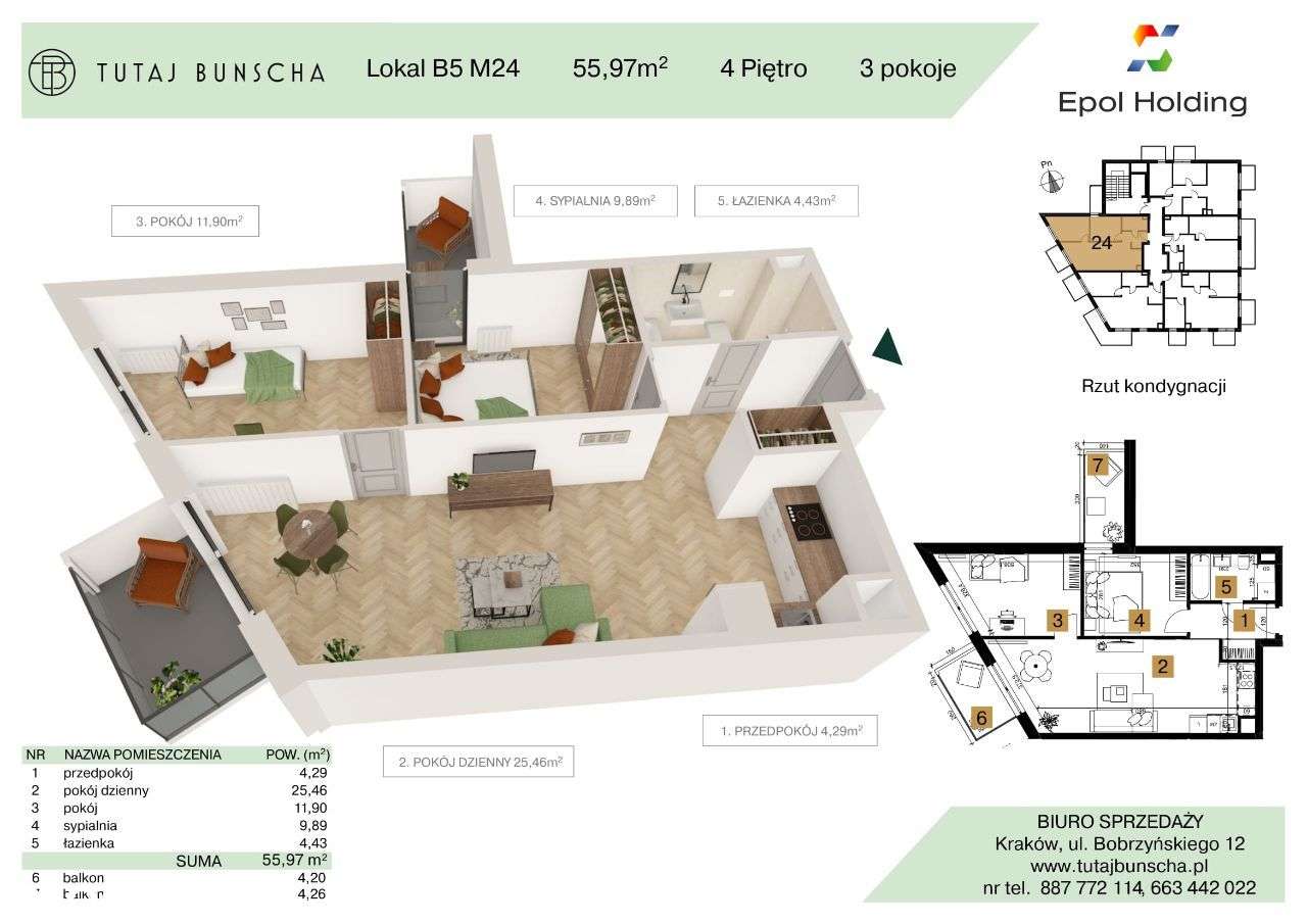 3-pokojowe mieszkanie 55 m2 + 2 balkony 4 i 4 m2 Bezpośrednio