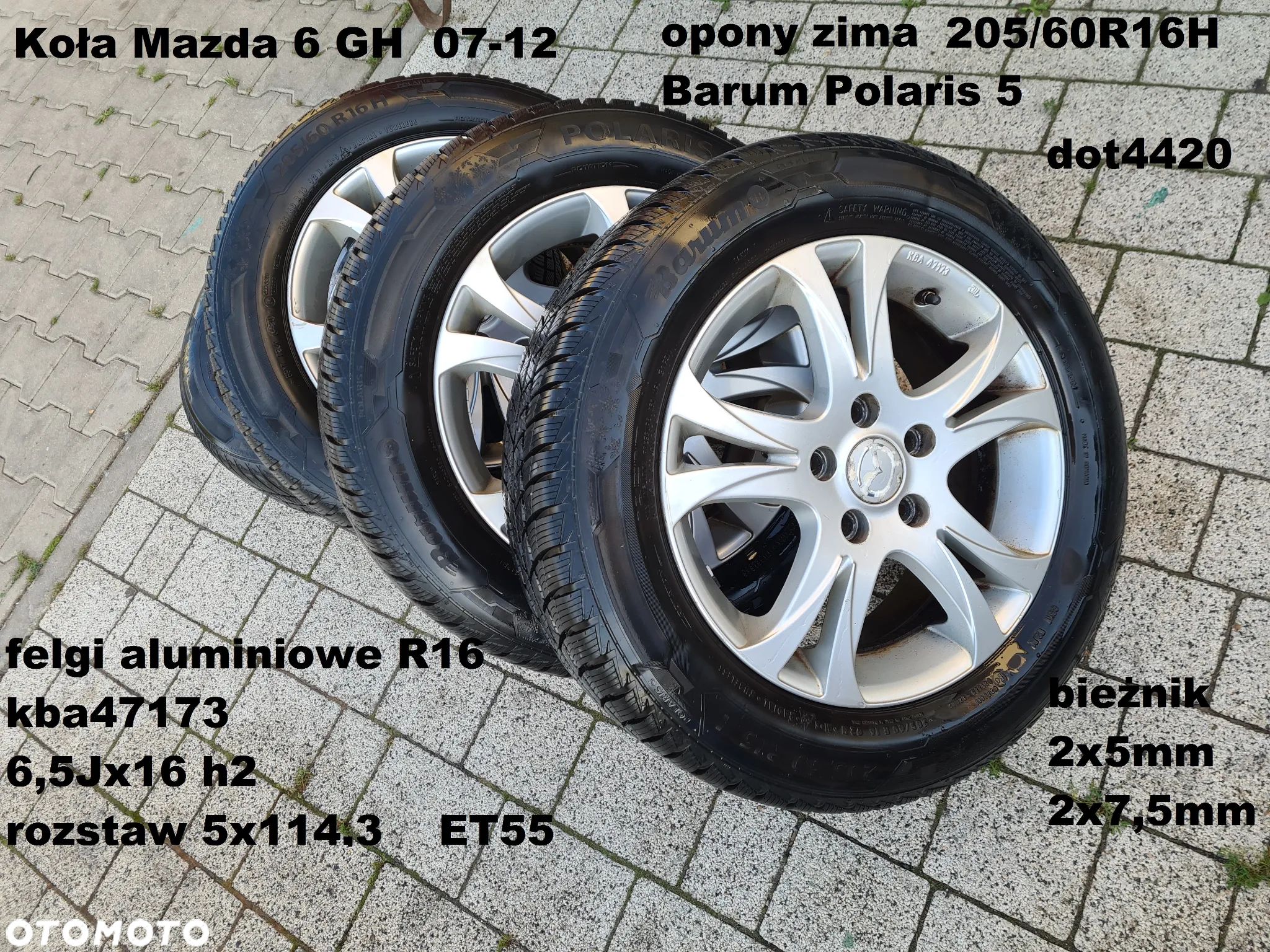 4 felgi aluminiowe ALU r16" cali 6,5jx16 et55 rozstaw 5x114,3 Mazda 6 GH opony ZIMA Barum 205/60r16 koła - 1