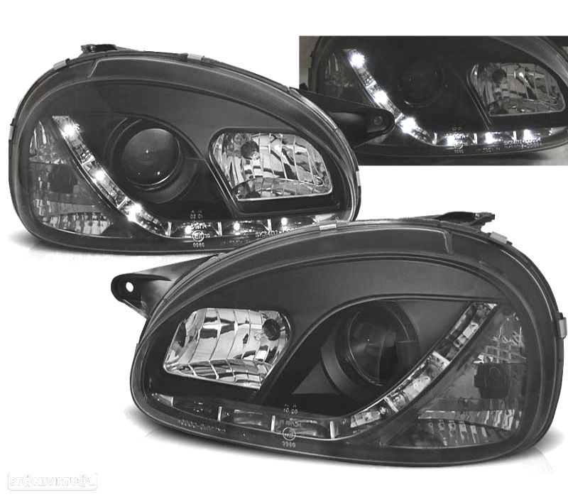 FARÓIS COM LUZ DIURNA LED OPEL CORSA B 93-00 FUNDO PRETO - 1