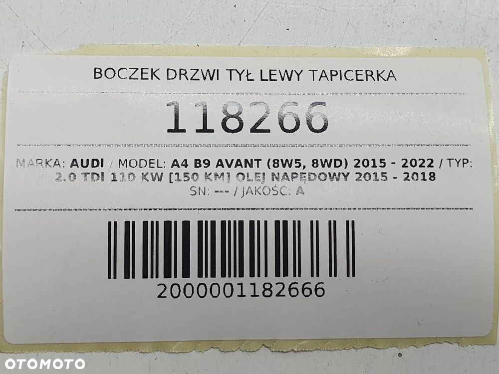 BOCZEK DRZWI TYŁ LEWY TAPICERKA AUDI A4 B9 AVANT FELSGRAU - 12