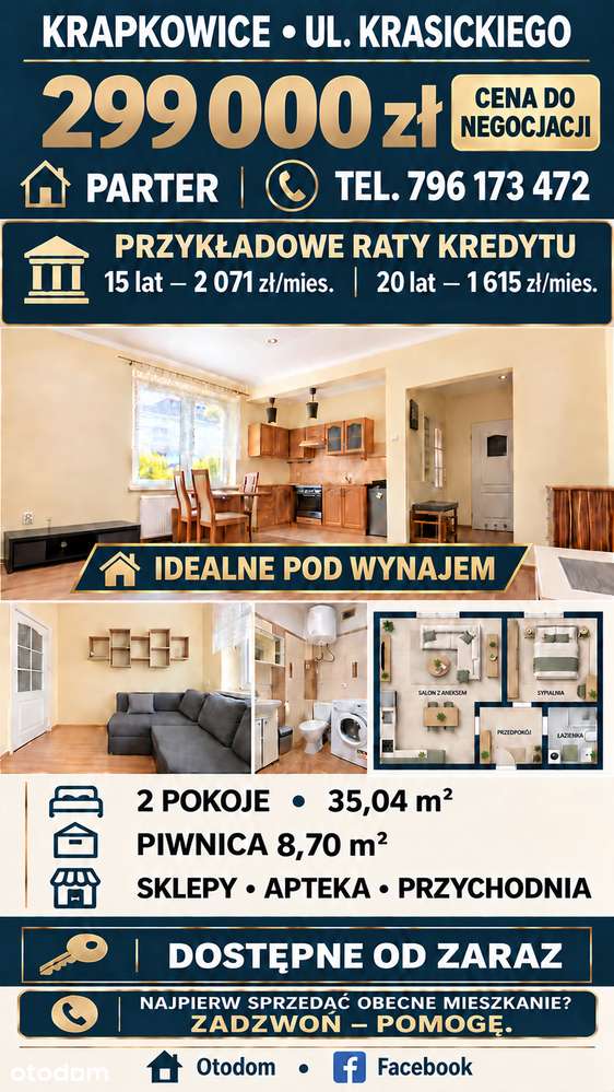 Mieszkanie na sprzedaż, 2 pokoje, 35 m², Krapkowice