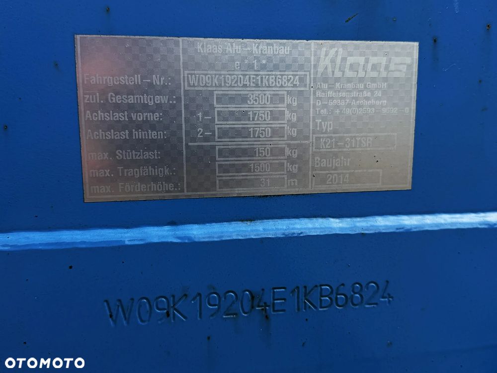 KLAAS K21/31TSR Dźwig Dekarski żuraw zwyżka podnośnik 31m. udźwig 1800kg max. Silnik Yanmar 3cyl. Kosz pojemnik. Dźwig Sterowany całkowicie zdalnie z pilota. Do 3,5 tony Transportowanie samochodem osobowym! Podwieszana oś Hydr. Własny Napęd Hydr. na 2 koła w terenie. Maszyna jak Nowa 2 tyś mtg. 2015r. Po serwisach Dekra. Sprowadzona z Norwegii. Nie różni się od nowej z salonu. Pełna Hydraulika w maszynie. Najbogatsza wersja. OKAZJA  230volt. Zero zużycia! - 32