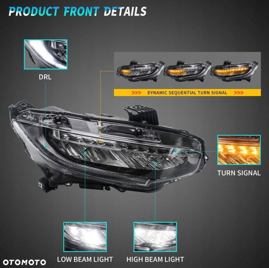 reflektory lampy kpl led diodowe europejskie dts honda civic x 10 2016-2021 - 10