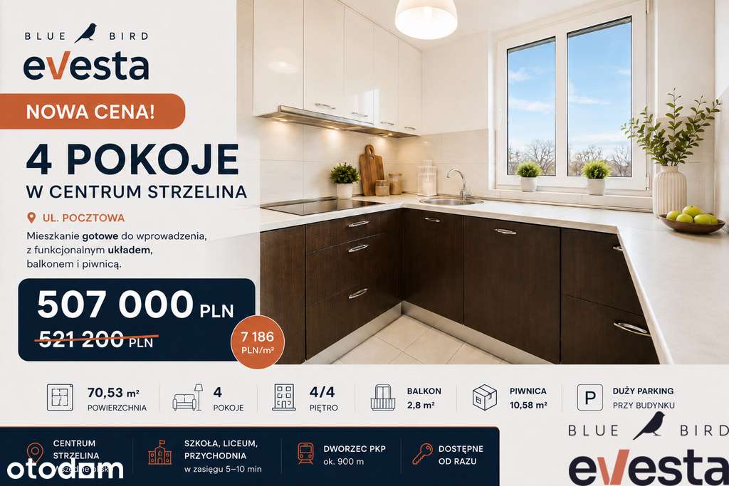 4 pokoje w centrum Strzelina z balkonem