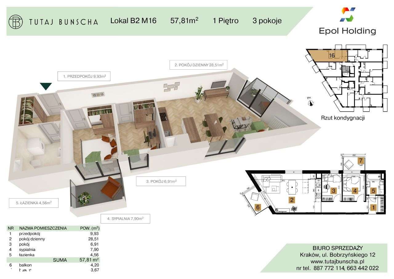 3-pokojowe mieszkanie 57 m2 + 2 balkony 4 i 3 m2, Bezpośrednio