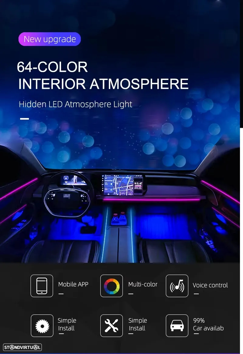 Kit de 18 peças em led luz ambiente com led alta qualidade COB-RGB multicolor para habitáculo, tablier, bancos 16 milhões de cores (azul, azul gelo, vermelho, verde, vermelho, branco, roxo, laranja, amarelo, etc.) - 12