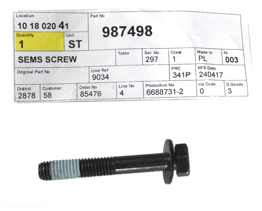 VOLVO oryginalna sruba napinacza rozrzadu M8x53.5 OE 987498 - 1