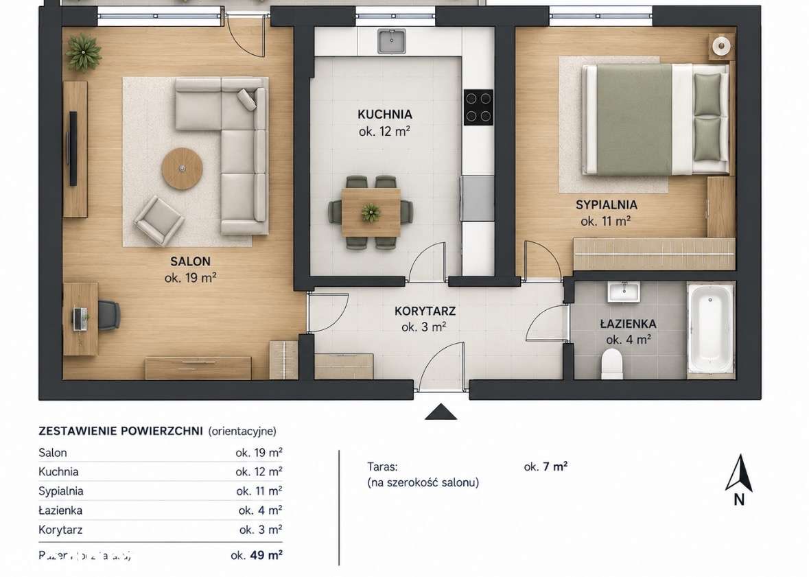 Świeżo odnowione 2 oddzielne pokoje 49 m² | Taras | Garaż |Człuchowska