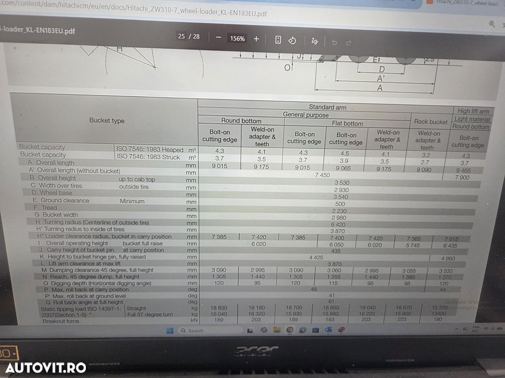 Hitachi ZW310-6, 2020, 6.209ore, CUPA 5mc, CUPLA RAPIDA, virare cu JOYSTICK, Masa operationala 28tone, anv MICHELIN 70%-ok, Gresare automata, camera spate, CANTAR, aer conditionat, STARE FOARTE BUNA, computer romana, posibil leasing 4 ani-PROMOTIE 119.500Eur - 38