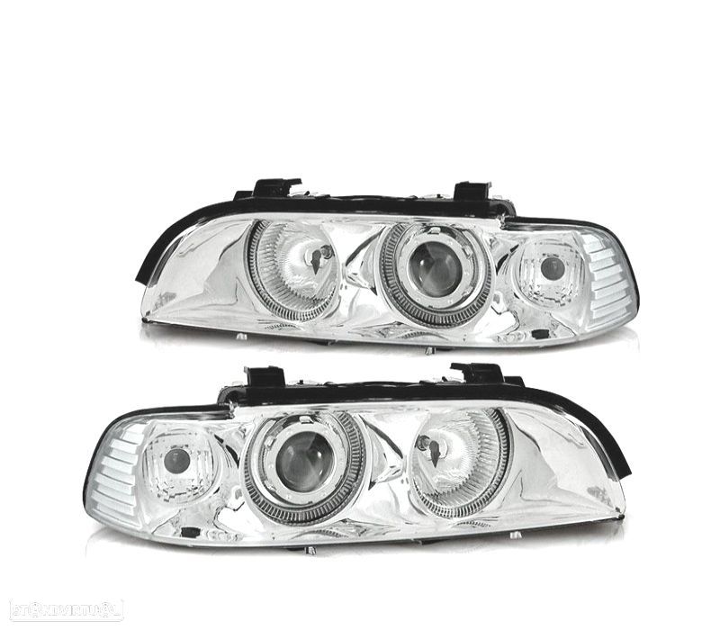 FARÓIS BMW E39 95-03 XENON ANGEL EYES FUNDO CROMADO - 1