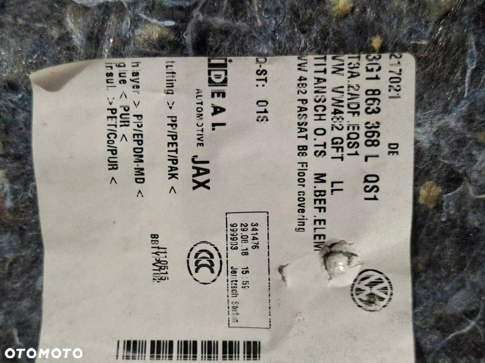 VW PASSAT B8 2019 dywan wykładzina podłogowa 3G1863368 europa fajny stan - 8