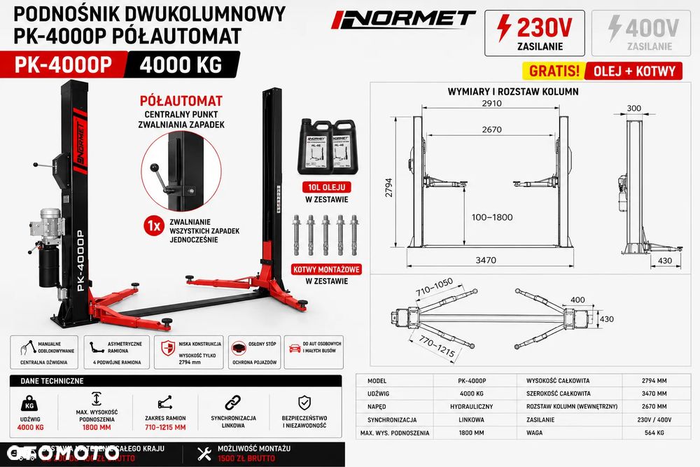 Podnośnik dwukolumnowy 4T  PK-4000P 1800MM 4000KG  NORMET - 2
