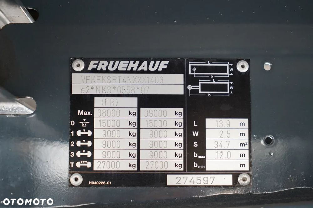 Fruehauf FIRANKA / STANDARD / WINDA DHOLLANDIA 2 000 kg / SAF / OPONY 100% /  MOCNA PODŁOGA SZYNA DESKA - 32