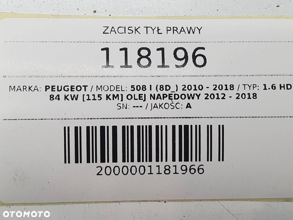 ZACISK HAMULCOWY TYŁ TYLNY PRAWY PEUGEOT 308 I 1.6 HDI - 9