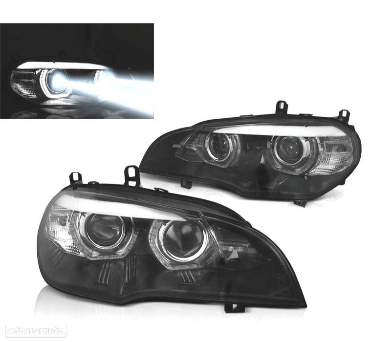 FARÓIS LED BMW X5 E70 07-13 OEM XENON ANGEL EYES PRETO - 1