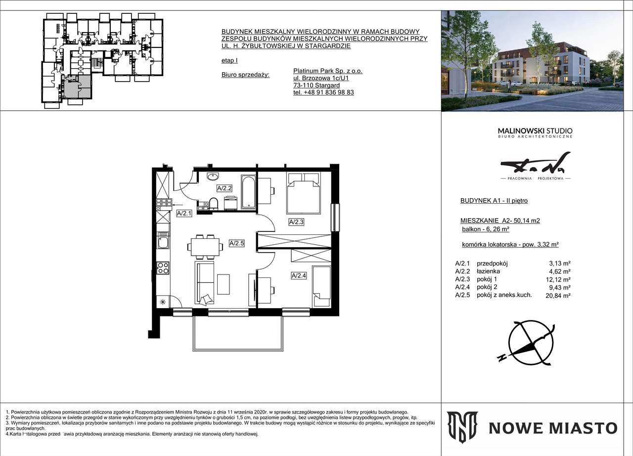 Mieszkanie A.2 w budynku A1 - 50,14 m² z balkonem 6 m²