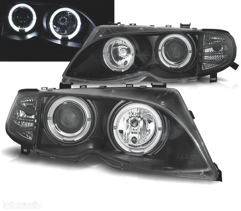 FARÓIS BMW E46 01-05 ANGEL EYES FUNDO PRETO - 1