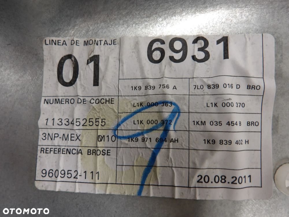 VW GOLF VI KOMBI 08-16 1.6 TDI MECHANIZM PODNOŚNIK SZYBY PRAWY TYŁ 1K9839756A - 3
