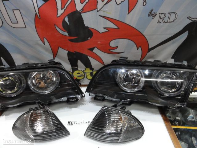 Farois angel eyes BMW E46 4 portas / limosine 98-01 fundo preto com angel eyes em branco - 9