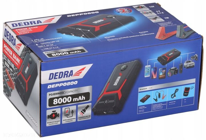 DEDRA URZĄDZENIE ROZRUCHOWE POWERBANK BOOSTER JUMP STARTER 8000mAH LATARKA - 8