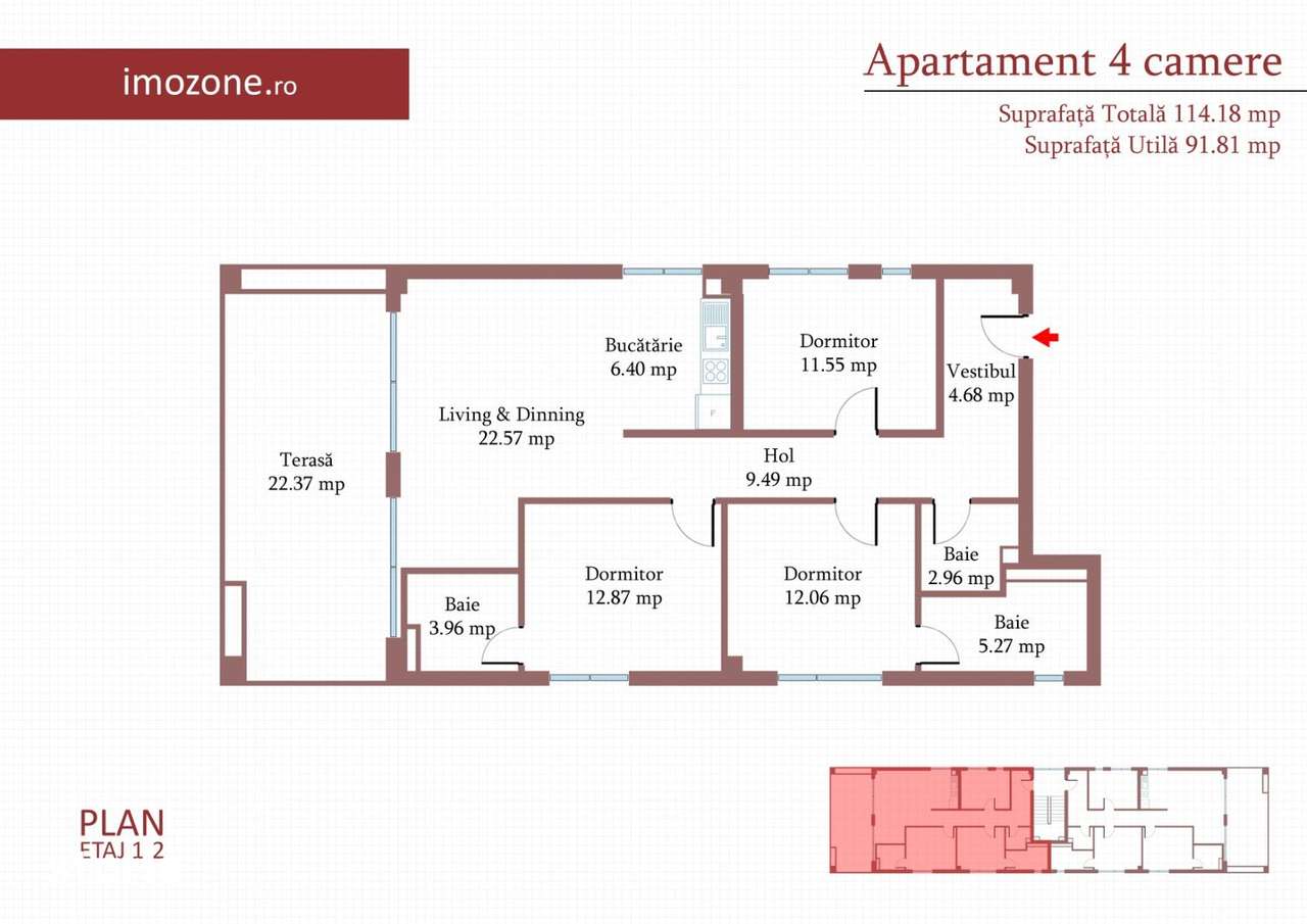4 camere cu terasa de 22 mp, 3 bai, etaj 2/3, FINISAT MODERN - Imagine principală: 5/5