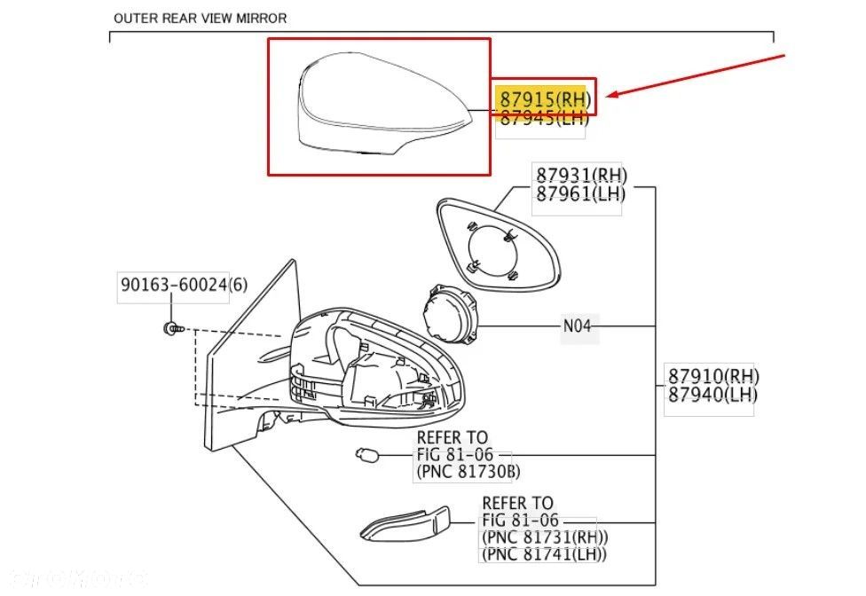 Obudowa lusterka Toyota Auris II E18 Corolla Verso 12-19r. NOWA prawa GÓRNA osłona lusterka zewnętrz - 1