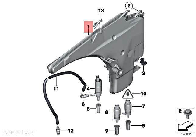 Rezervor spalator parbriz BMW Seria 1 (E82/E88), 09.2004-10.2013, Seria 3 (E90), 11.2004-06.2012, fara pompa lichid parbriz, cu set spalator far, fara senzor nivel lichid (cu gaura senzor) - 1