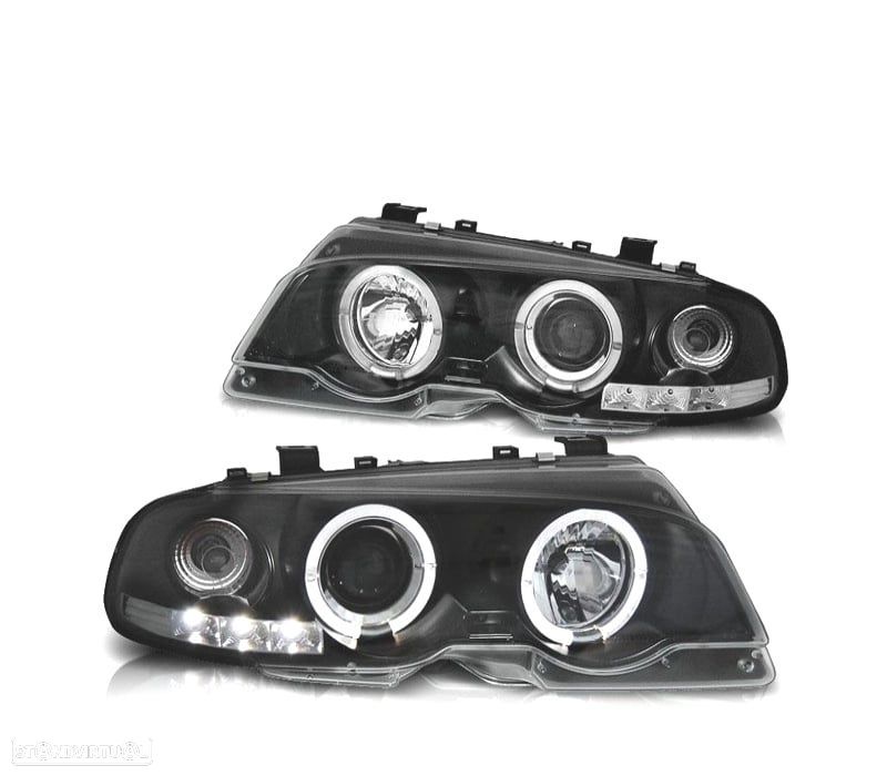 FARÓIS BMW E46 99-03 ANGEL EYES LED FUNDO PRETO - 1