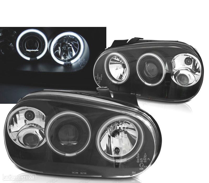 CONJUNTO DE FARÓIS VW GOLF 4 97-03 ANGEL EYES CCFL LUZ DIURNA PRETO - 1