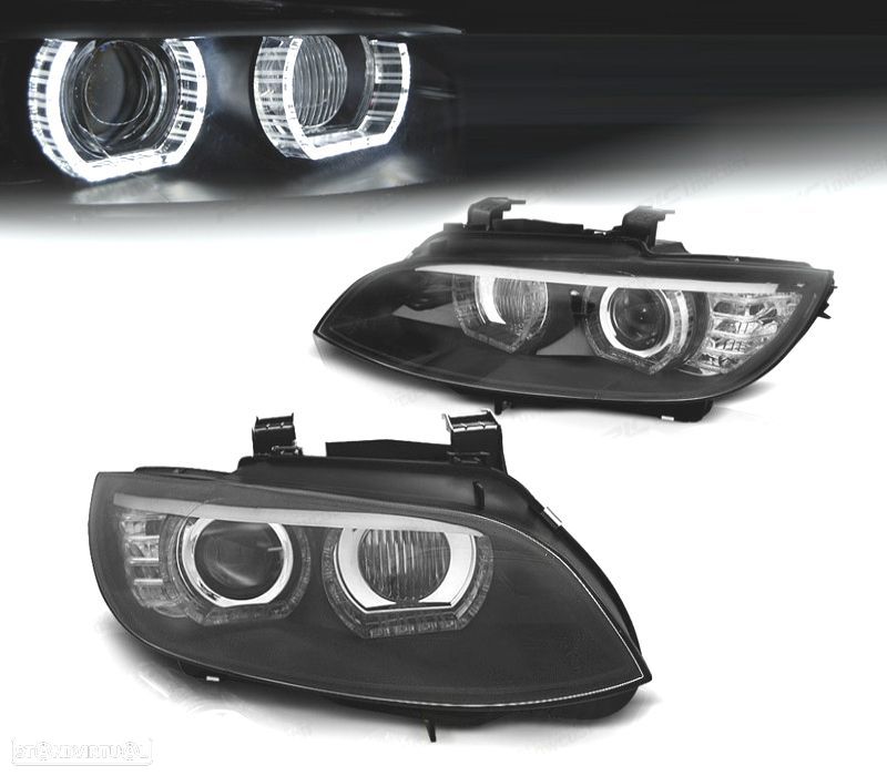 FARÓIS BMW E92 E93 XENON ANGEL EYES LED DLR FUNDO PRETO - 1