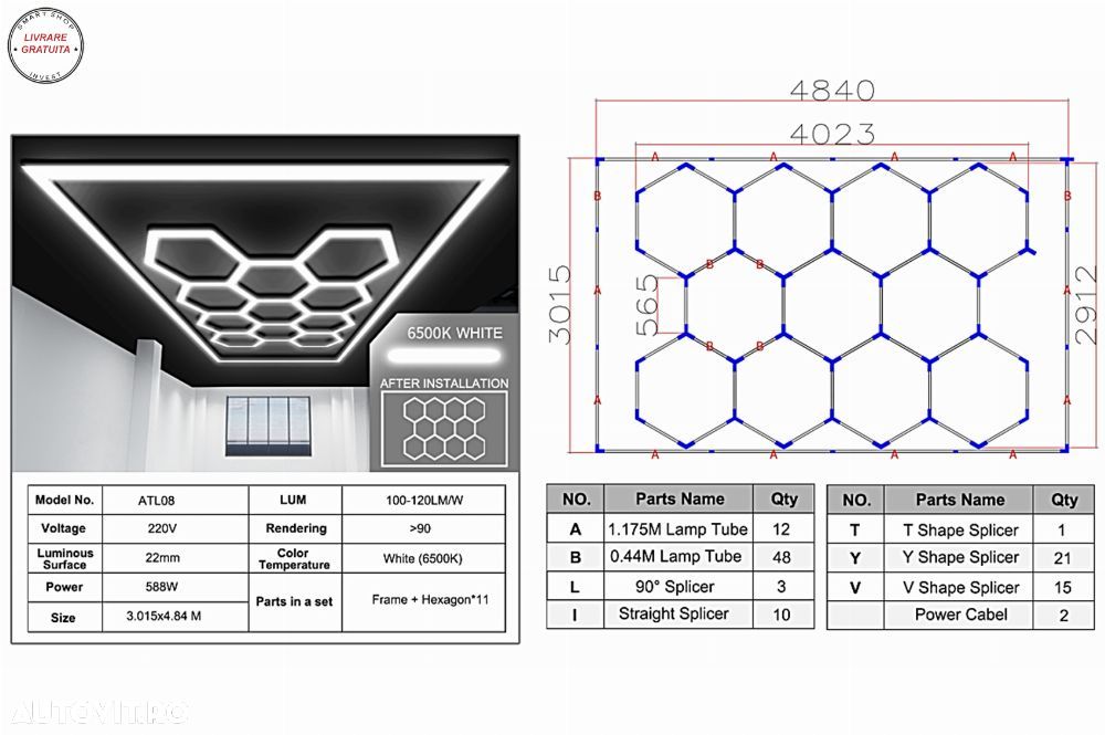 Sistem de Iluminare Plafon Hexagon / HoneyComb 4.02 x 2.91 m  Lumina Ajustabila- livrare gratuita - 3
