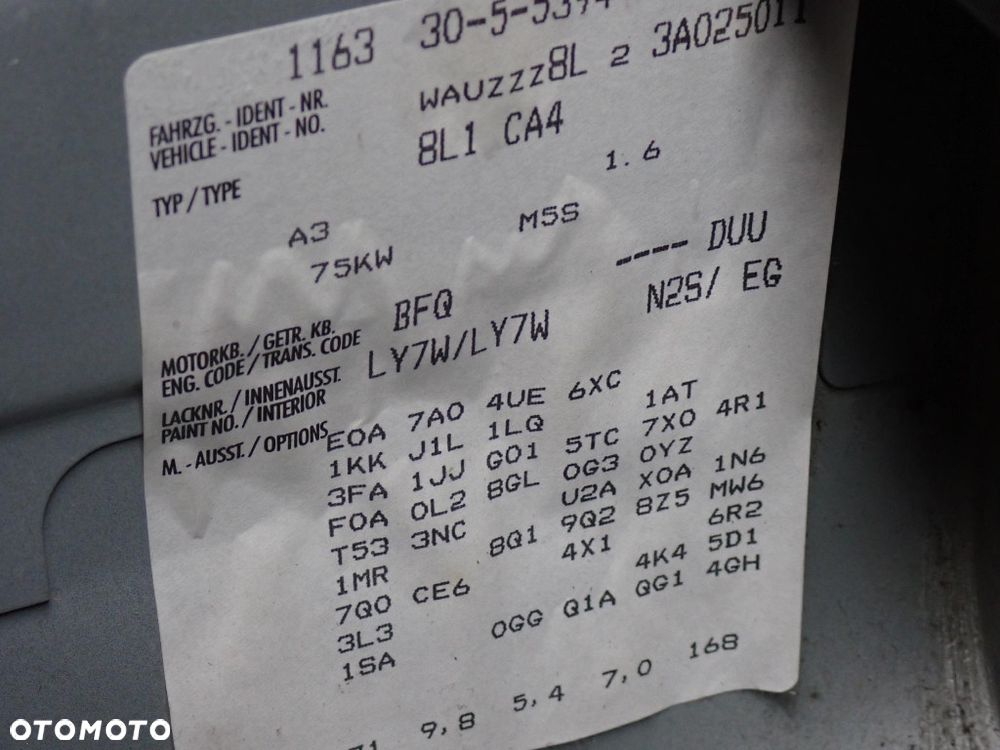 CZĘSCI - Audi A3 8L 1,6 102KM BFQ FILM HB 3D LIFT 5B DUU lakier LY7W 2002r. INDEX - 10043 - 18