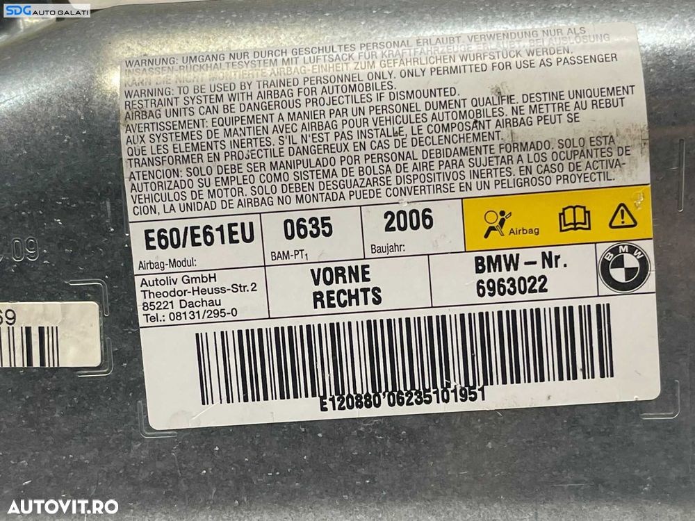Airbag Lateral de pe Usa Portiera Dreapta Fata BMW Seria 5 E60 E61 2003 - 2010 Cod 6963022 [1733] - 3