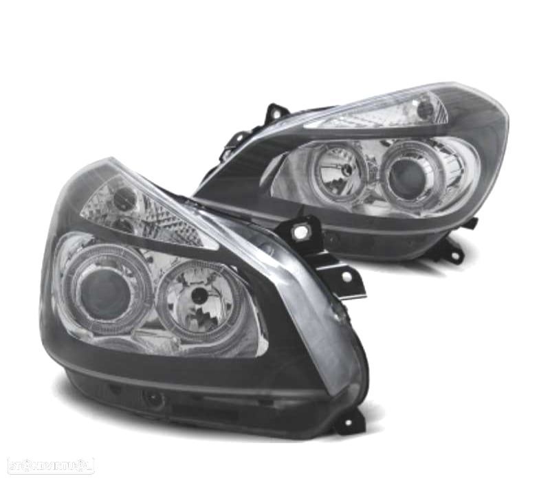 FARÓIS FRONTAIS RENAULT CLIO 05-09 ANGEL EYES FUNDO PRETO CROMO - 1