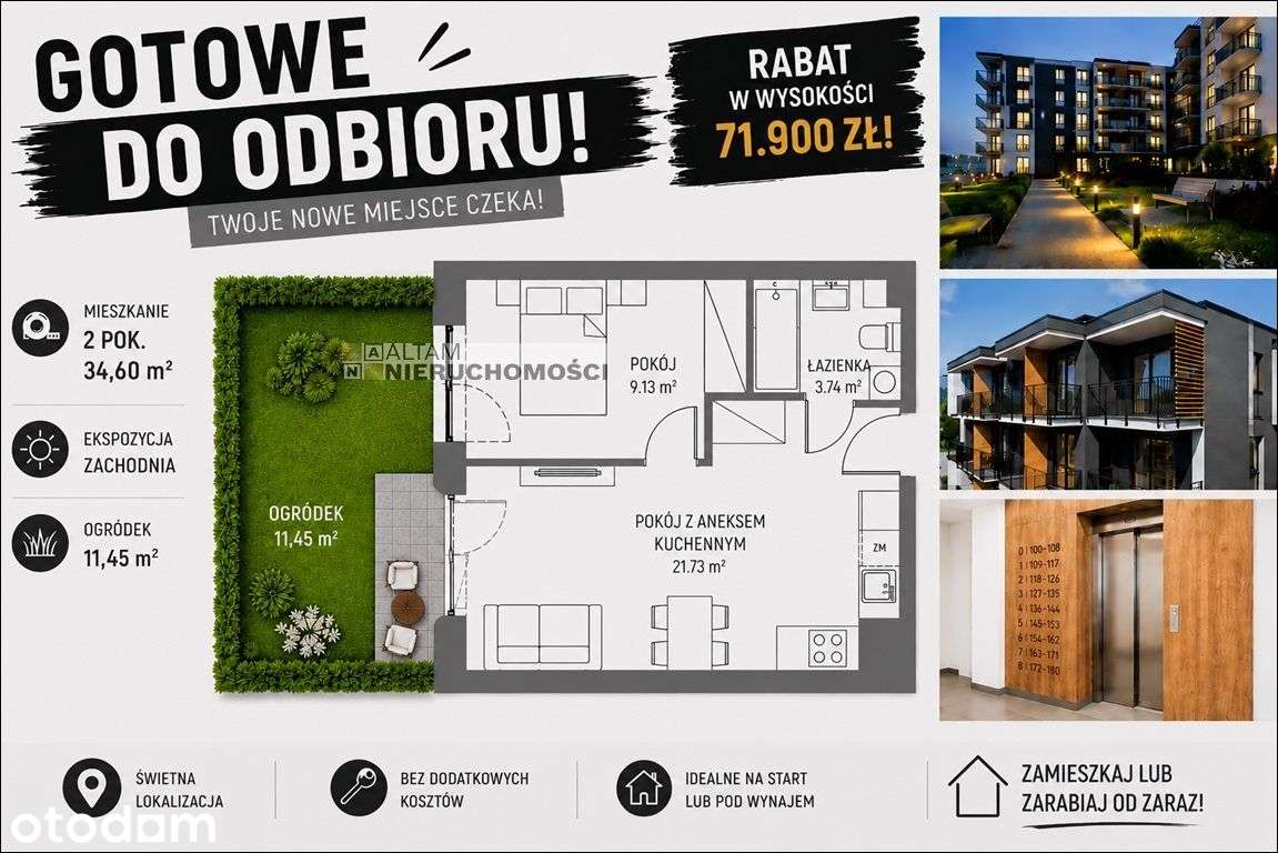 Gotowe 2pok.34,6m² ogródek Rabat 71tys. Kl w cenie