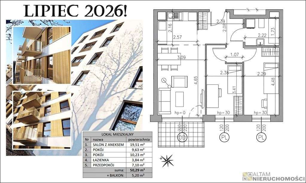 Lipiec'26! 3pok. 50,29m² Ip. Balkon 5,20m² 0%