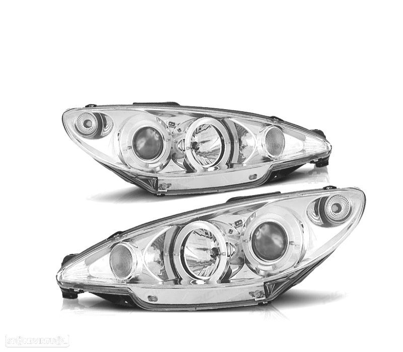 FARÓIS ANGEL EYES CCFL PEUGEOT 206 CONECTOR H4 98-06 FUNDO CROMADO - 1