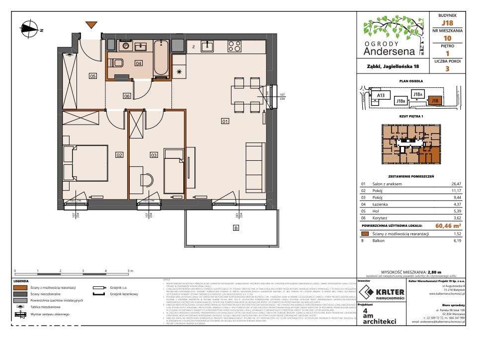 Mieszkanie J18-10, 3 pokoje 60,46 m2 z balkonem 6,19 m2
