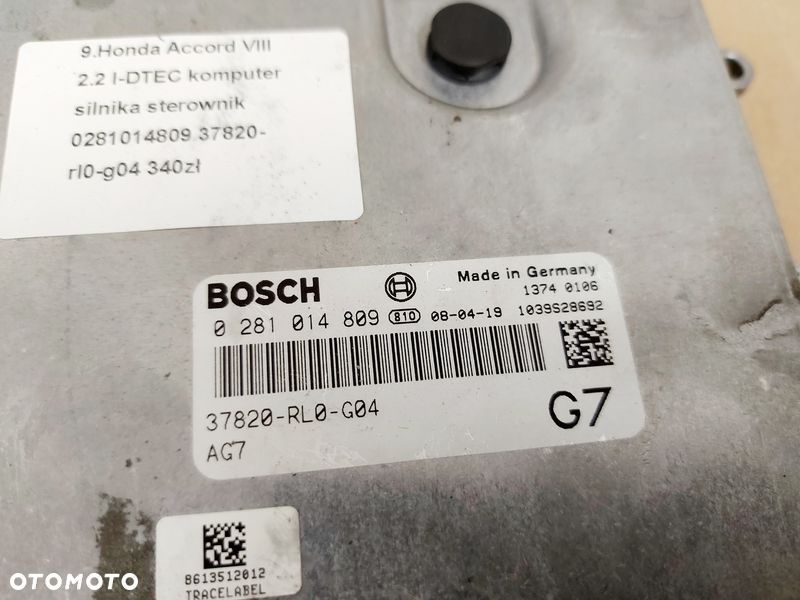 HONDA ACCORD 8 VIII 2.2 I-DTEC KOMPUTER STEROWNIK SILNIKA ECU 0281014809 37820-RL0-G04 - 2